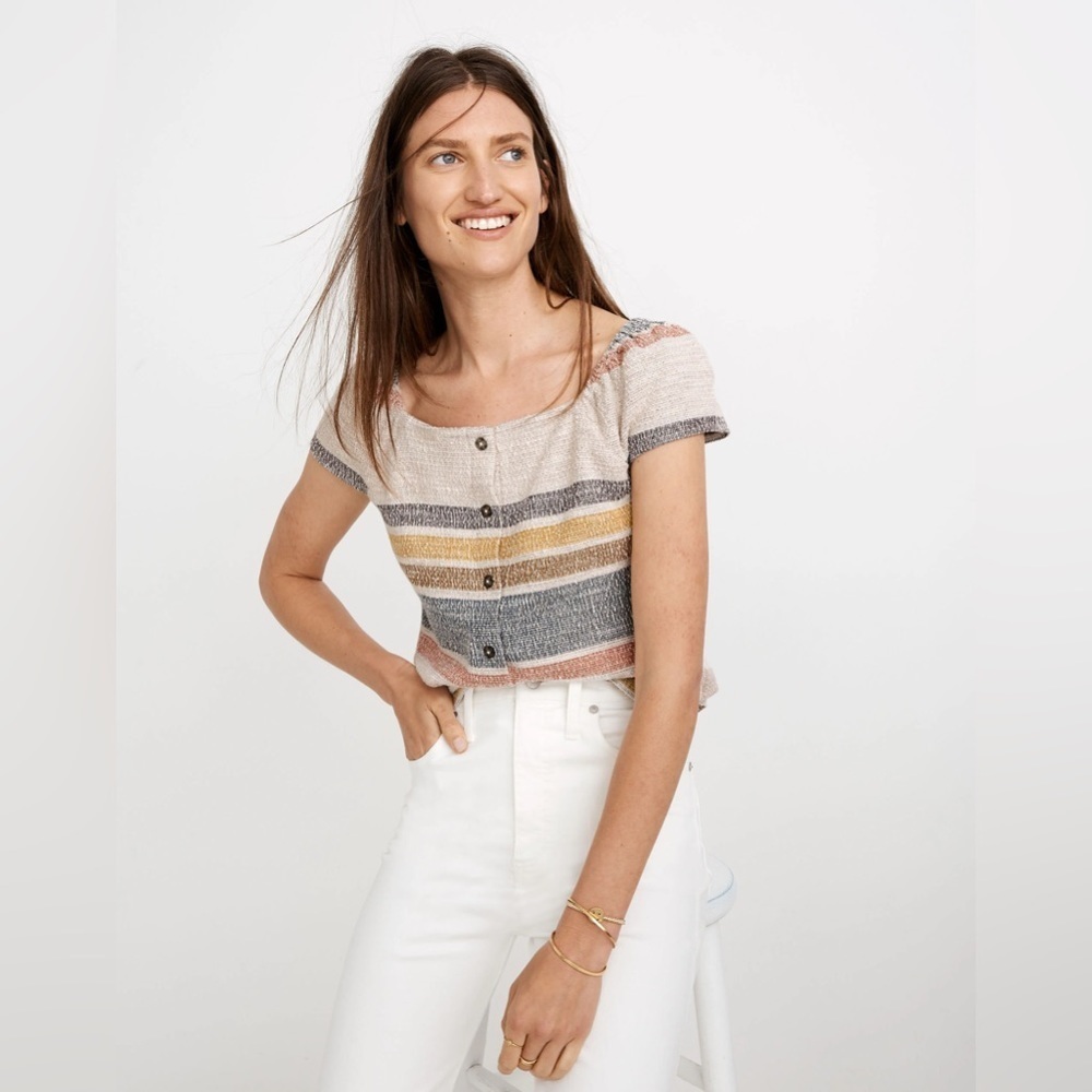 Madewell Texute & Thread Striped Button Front Top short sleeve small boxy
